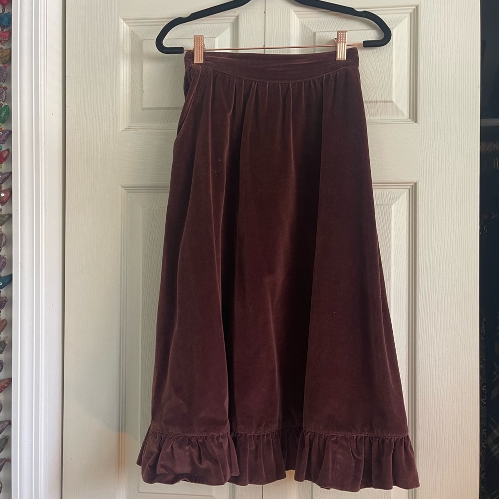 RARE Vintage Velvet Midi Skirt with Ruffle - The Strawberry Plant - Burgandy